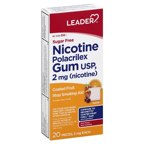 Image for Leader Nicotine Gum, Sugar Free, 2 mg, Stop Smoking Aid, Coated Fruit,20ea from THE PRESCRIPTION PLACE